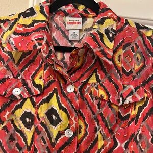 Ruby Rd. Red Yellow Black Ikat Button-Front Blouse
